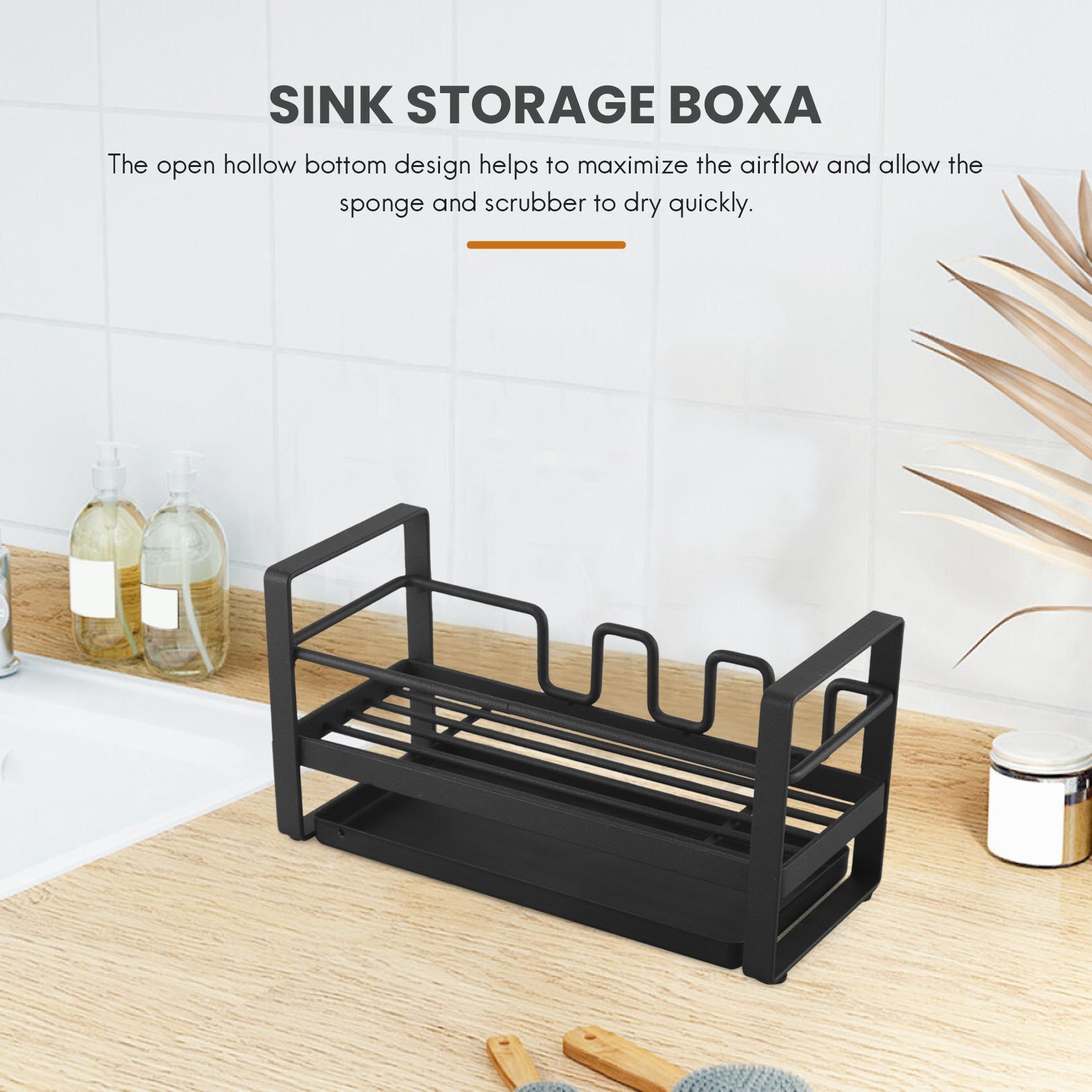 for Kitchen Sink Organizer Brush Holder Cleaning Soap Brush Drain Rack with Drain Tray, Multifunction, (Black)